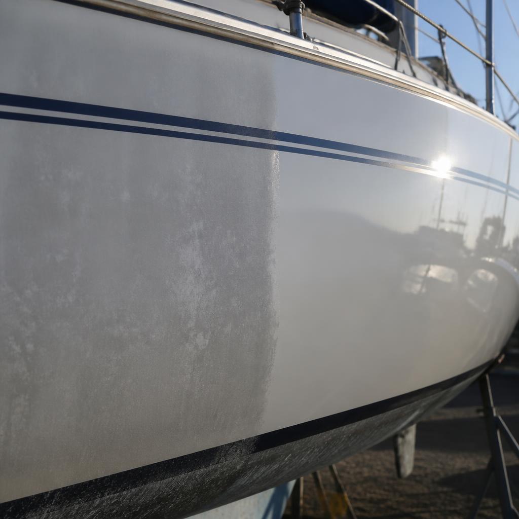 Sailboat hull half restored from chalky oxidation to a deep gloss